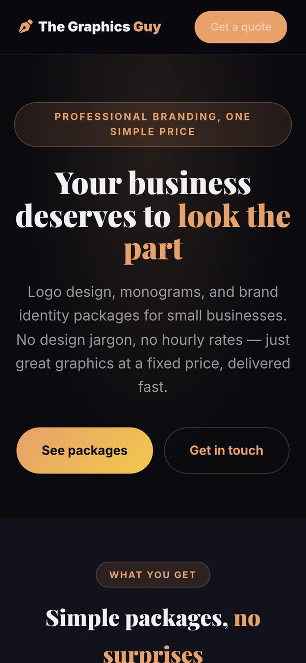 The Graphics Dept — a real ownsite.co.uk client site (mobile view)